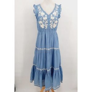 Lucky Brand Midi Dress Small Sleeveless Boho Cotton Embroidered